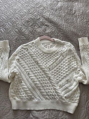 Jessica Simpson Cream Cable Knit Sweater with Bead Accents